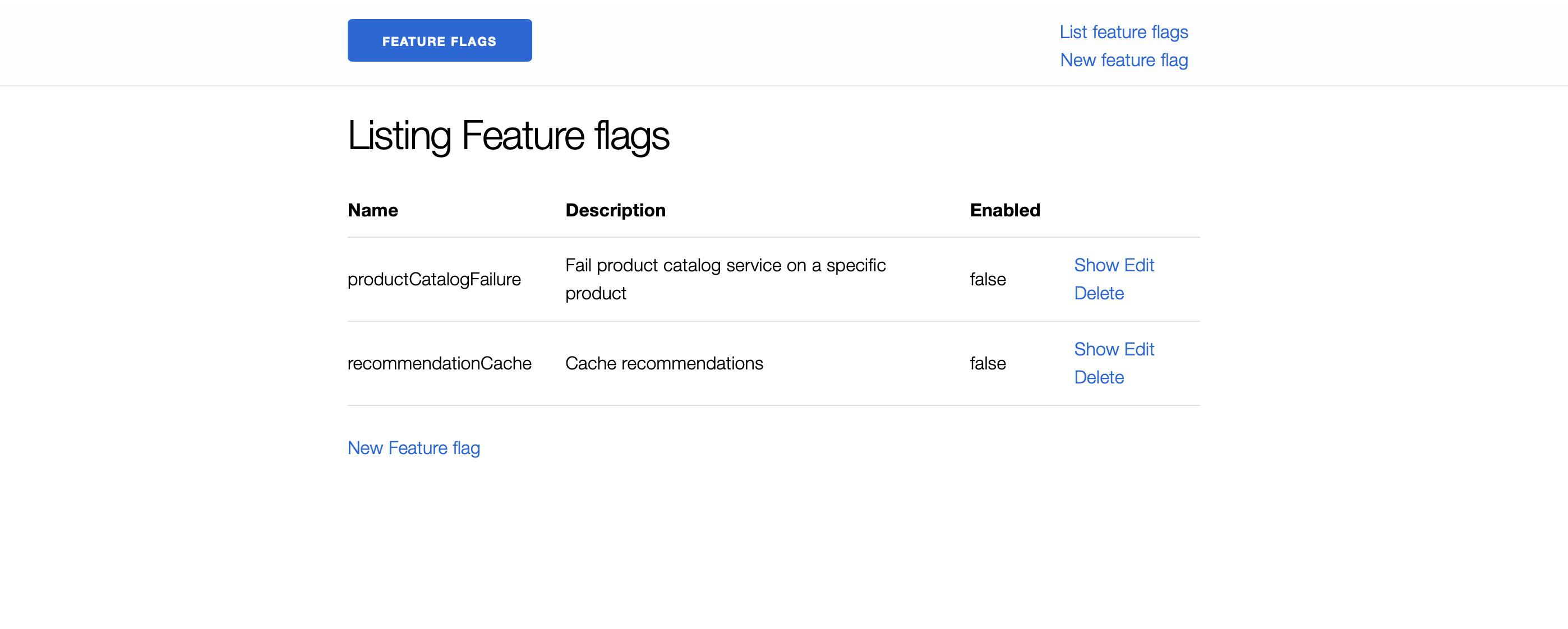 Screen capture of featureflagservice UI