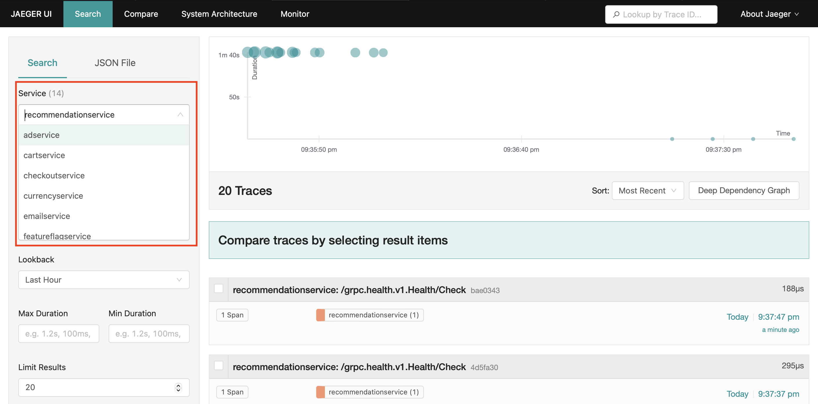 Screen capture of Jaeger service list drop-down